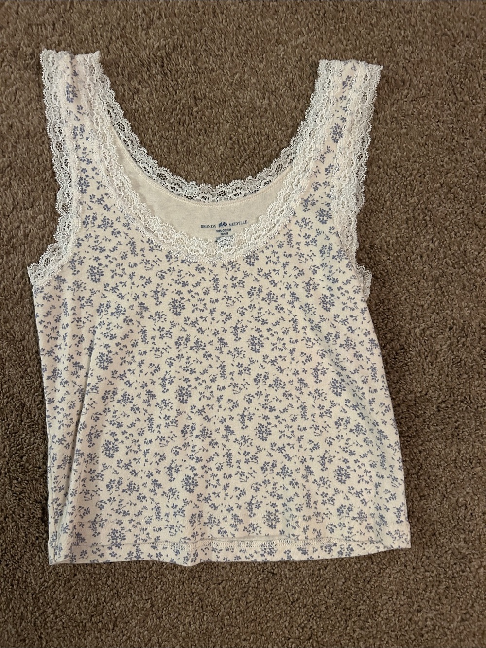 Brandy Melville Cream Tank with Blue Floral Print and Lace Trim